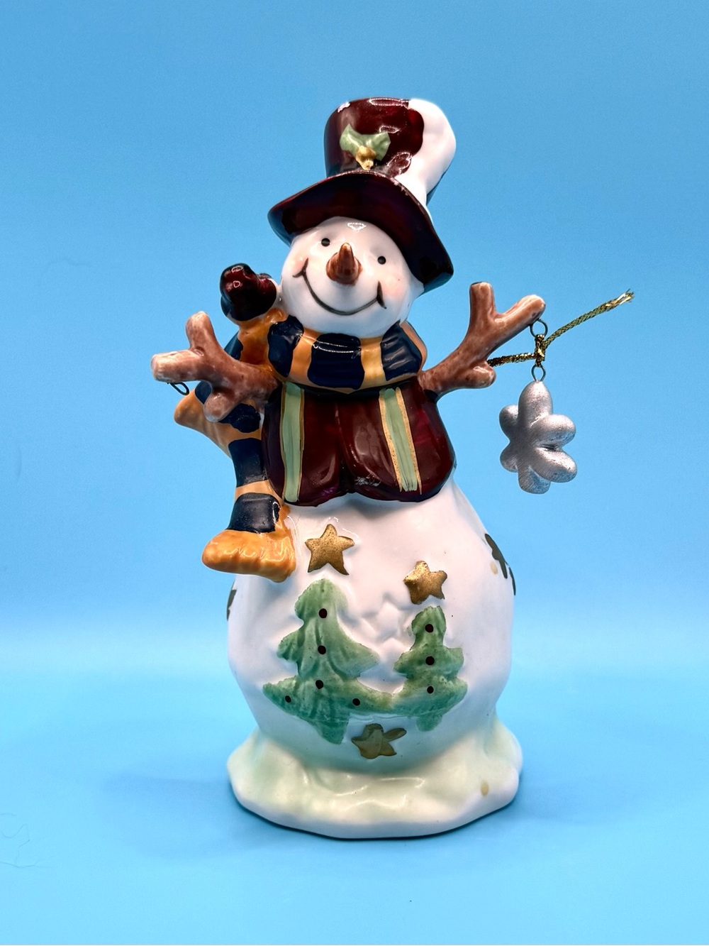 Festive Ceramic Snowman Figurine in White, Green & Red - Holiday Home Decor